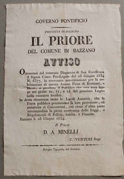 Governo Pontificio. Provincia di Bologna Il priore del Comune di …