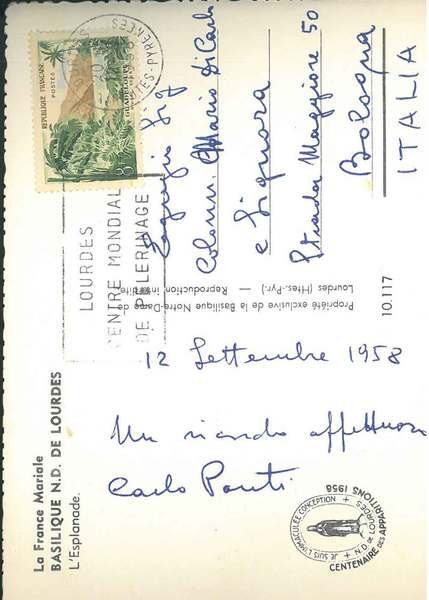 Cartolina postale illustrata con la Basilica di Lourdes, viaggiata: " …