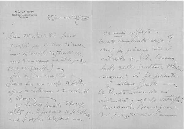 Foglio ripiegato, intestato: "Val-Mont Glion s/Montreux" e datato: "27 gennaio …