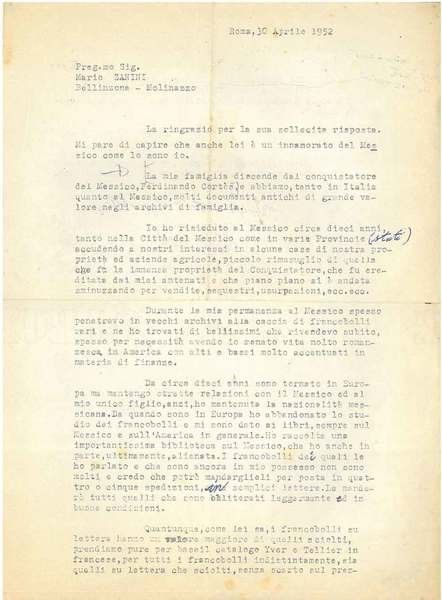 Foglio dattiloscritto, datato: Roma, 30 aprile