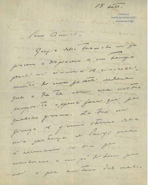 56 righe autografe e firmate su carta intestata: Cinquale, Forte …