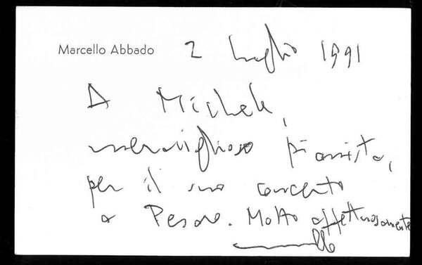 Biglietto intestato manoscritto di Marcello Abbado con affettuoso messaggio al …