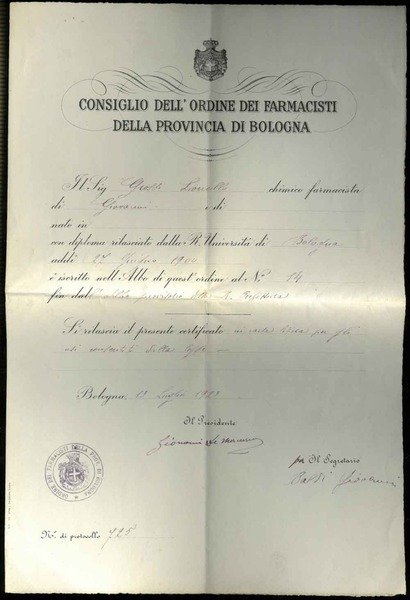 Consiglio dell'Ordine dei Farmacisti della Provincia di Bologna. Certificato di …