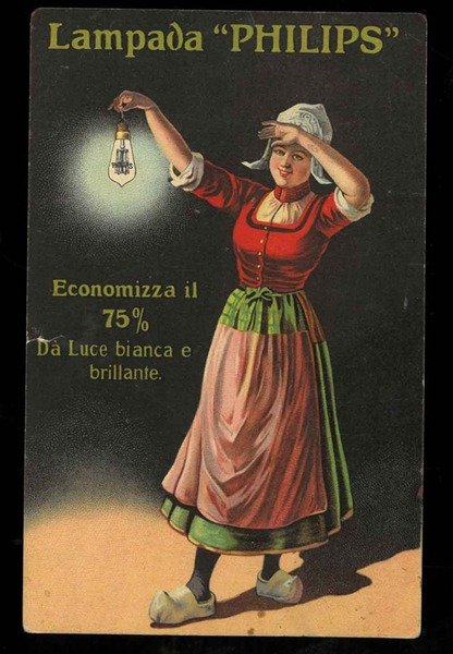 Cartolina scritta e viaggiata, illustrata a colori, con pubblicità Lampada …