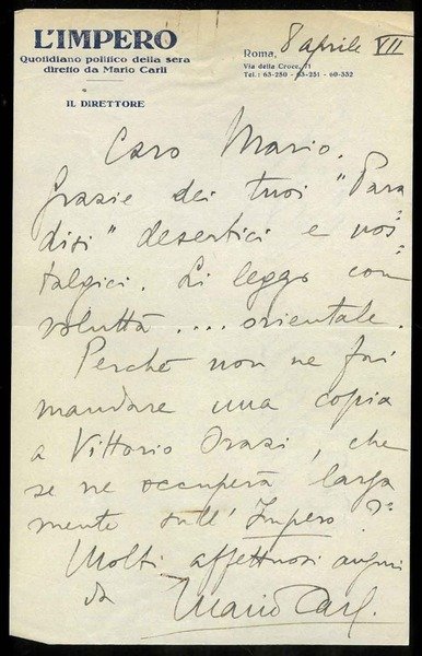 Lettera manoscritta e firmata a Mario (dè Gaslini)