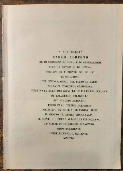 A Sua Maestà Carlo Alberto. in occasione dell'innalzamento del busto …