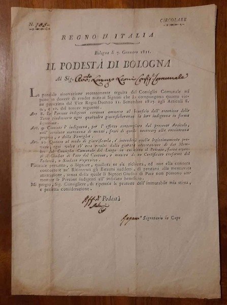 Circolare. Il Podestà di Bologna al Sig. Avv. Lorenzo Leoni, …