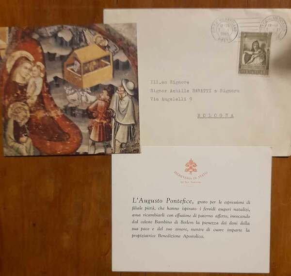 Biglietto di auguri illustrato e stampato, in latino con risposta …