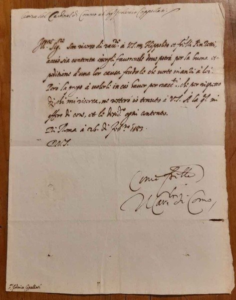 Lettera manoscritta e firmata dal Cardinale Tolomeo Gallio (detto il …