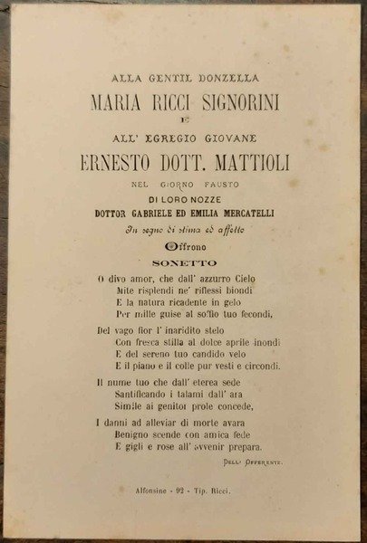 Alla gentil donzella Maria Ricci Signorini e all'egregio giovane Ernesto …