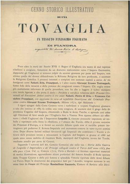 Cenno storico illustrativo di una tovaglia in tessuto finissimo figurato …