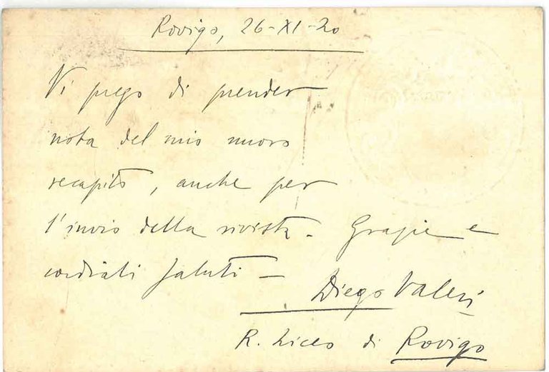 6 righe manoscritte e autografe in cui Valeri informa del …