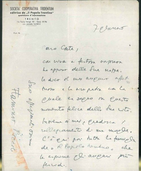 Lettera manoscritta di Flaminio Piccoli datata 7 gennaio su carta …