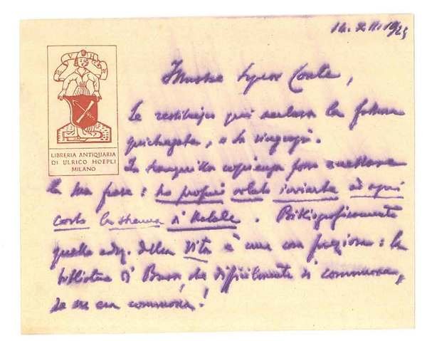 Cartolina manoscritta ai due lati con logo Libreria antiquaria Ulrico …