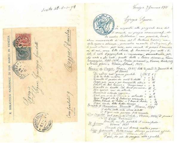 Lettera manoscritta all'editore Guidetti su carta con logo della Biblioteca …