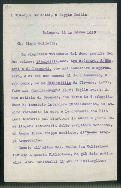 Lettera all'editore e tipografo Guidetti di Reggio Emilia in copia …