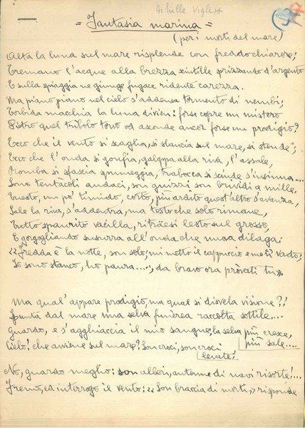 "Fantasia marina" (per i morti del mare). Manoscritto con firma …