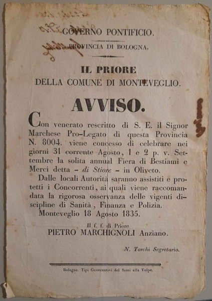 il priore della Comune di Monteveglio. Avviso: "Viene concesso di …
