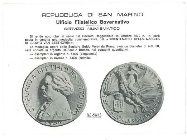 Repubblica di San Marino. Ufficio filatelico Governativo, Servizio Numismatico. Cartolina …