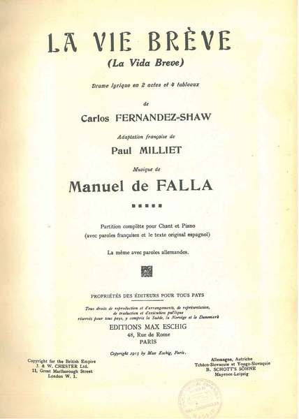 La vie brève. (La vida breve). Drame lyrique en 2 …