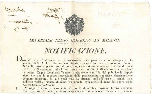 Imperiale regio Governo di Milano. Notificazione. " Dovendo in virtù …