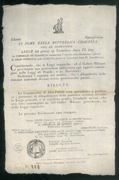 Libertà Eguaglianza. In nome della Repubblica Cisalpina. "Dichiara l'urgenza sul …