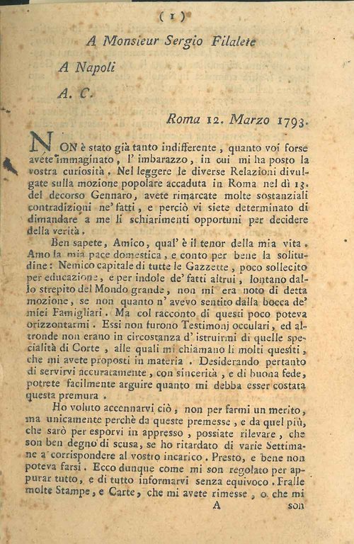 A monsieur Sergio Filalete a Napoli. Relazione, o sia attestato …