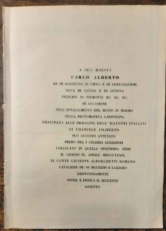 A Sua Maestà Carlo Alberto. in occasione dell'innalzamento del busto …