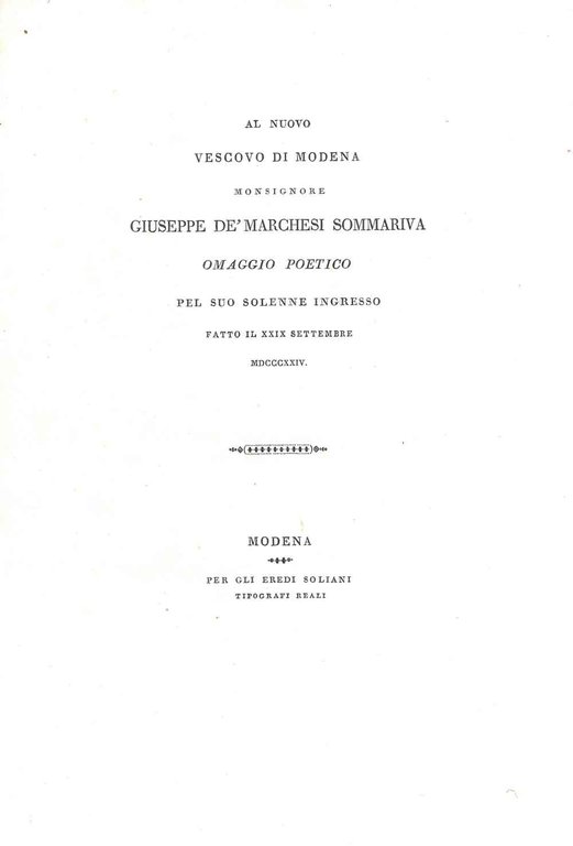 Al nuovo vescovo di Modena Monsignore Giuseppe de' Marchesi Sommariva …