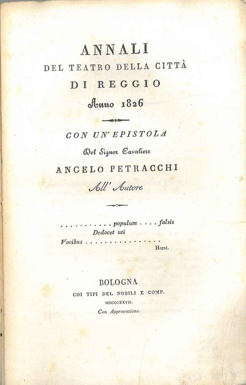 Annali del teatro della città di Reggio anno 1826 con …