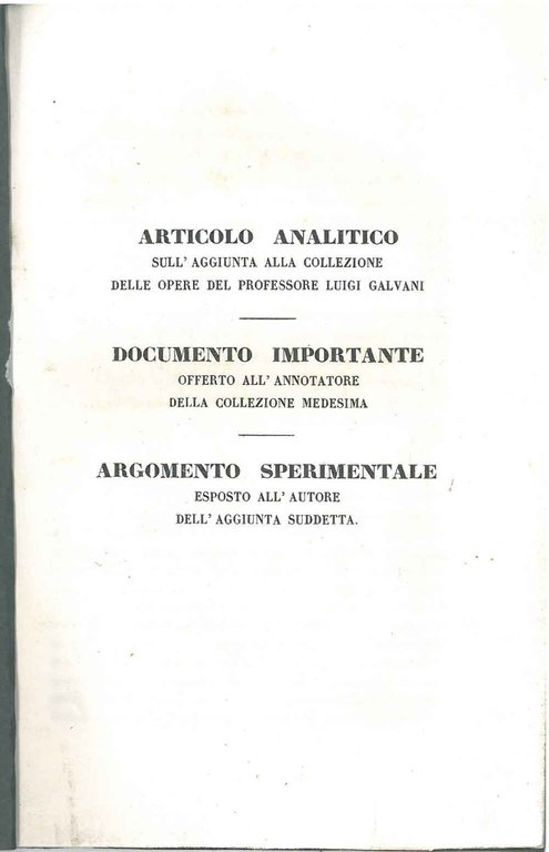 Articolo analitico sull'aggiunta alla collezione delle opere del professore Luigi …