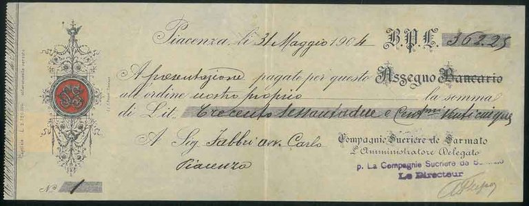 Assegno datato Piacenza, 21 Maggio