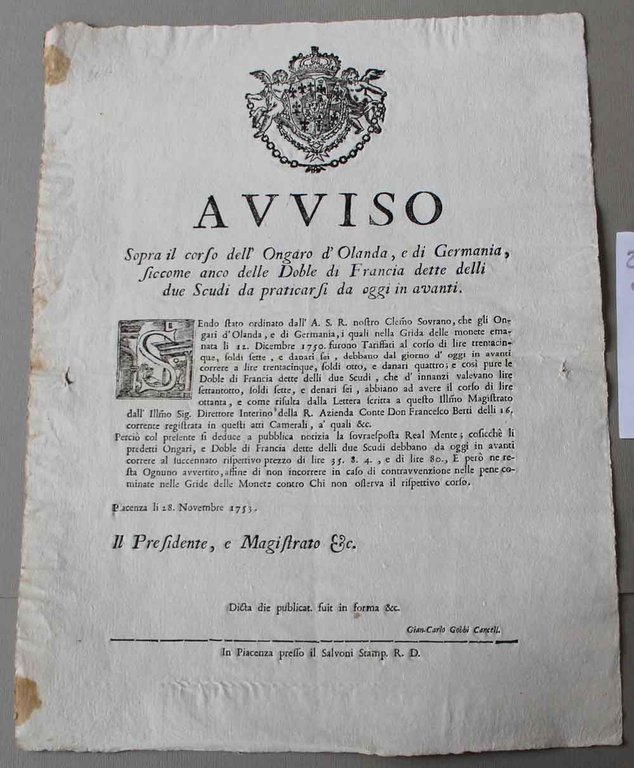 Avviso sopra il corso dell'Ongaro d'Olanda e di Germania, siccome …