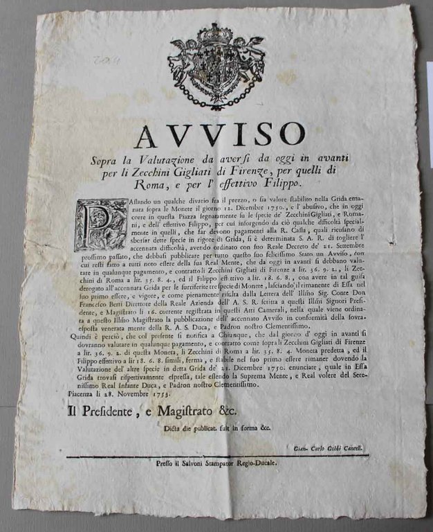 Avviso sopra la valutazione da aversi da oggi in avanti …