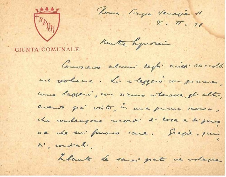 Biglietto con intestazione "SPQR, giunta comunale" e busta intestata: "Ufficio …