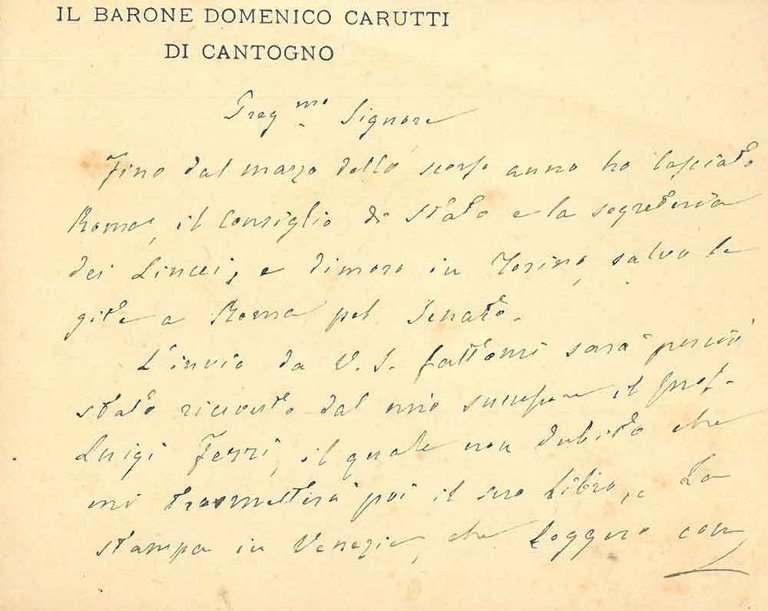 Biglietto intestato: "Il Barone Domenico Carutti di Cantogno" datato: "Torino, …