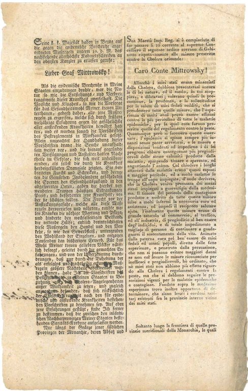 Caro Conte Mittrowsky!. misure prescritte contro il Cholera