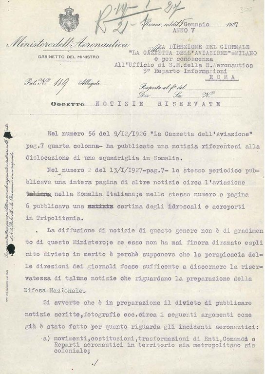 Carta intestata: "Ministero dell'Aeronautica, Gabinetto del Ministro", datata "Roma 15 …