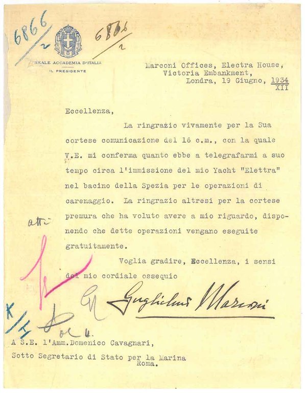 Carta intestata: "Reale Accademia d'Italia, il Presidente", datata Londra, 19 …
