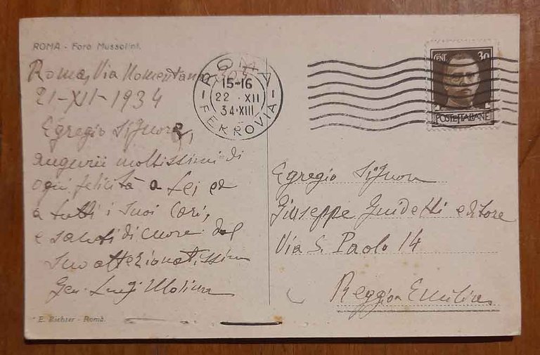 Cartolina con saluti del Generale Luigi Molina all'editore Giuseppe Guidetti