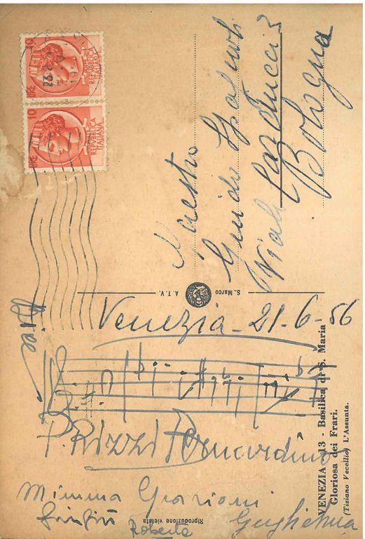 Cartolina illustrata a colori, viaggiata: "Venezia, 21.VI.56"