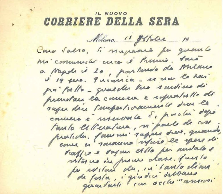 Cartolina intestata: "Il nuovo Corriere della Sera" datata: Milano, 11 …