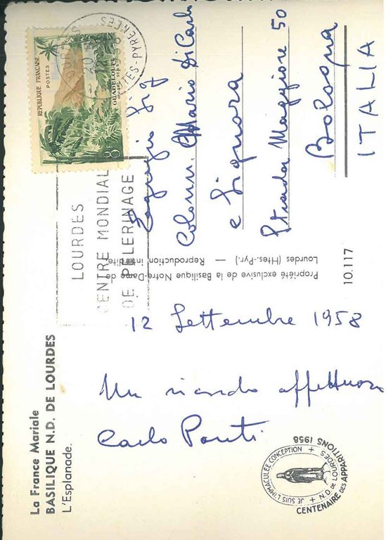 Cartolina postale illustrata con la Basilica di Lourdes, viaggiata: " …