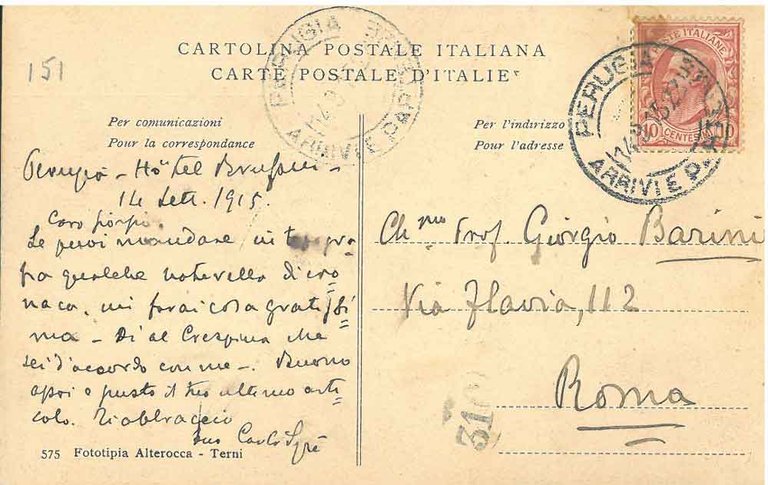 Cartolina postale illustrata: "Perugia: Brufani's Grand Hotel" e viaggiata: Perugia, …