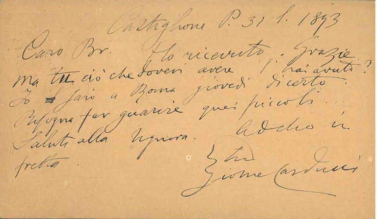 Cartolina postale viaggiata: "Castiglione dei Pepoli, 31 lug. 93", indirizzata …