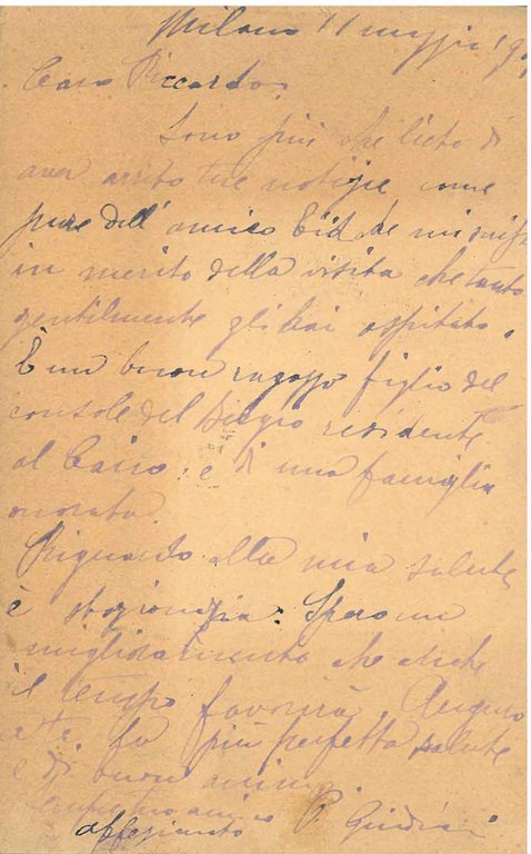 Cartolina postale viaggiata, datata: "Milano, 11 maggio 1905"