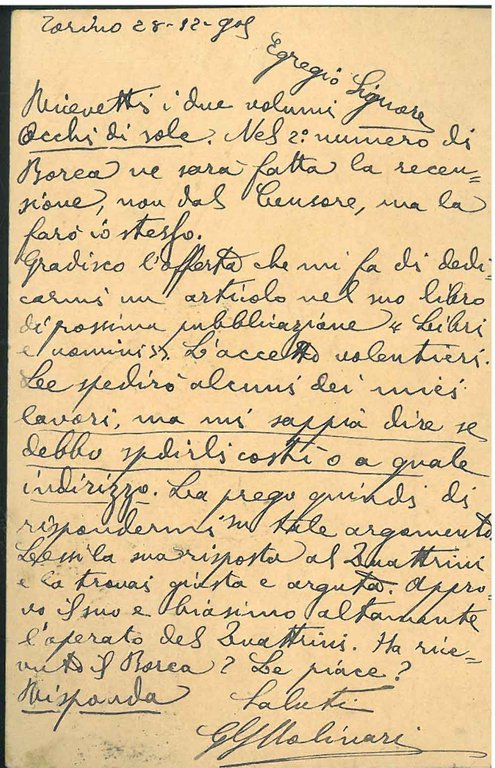 Cartolina postale viaggiata, inviata a Francesco Cozzanini Mussi e datata: …