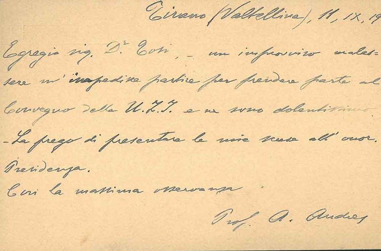 Cartolina postale viaggiata, inviata ad Alessandro Tosi e datata: "11-9-1903"