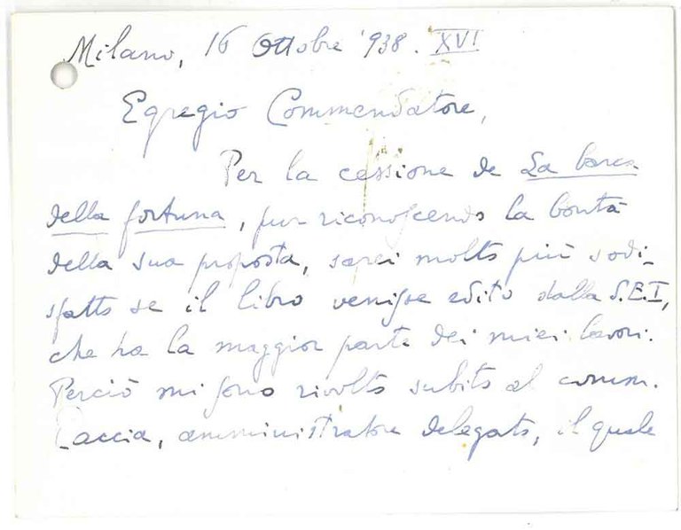 Cartoncino, datato Milano 16 ottobre '938, in cui l'autore si …