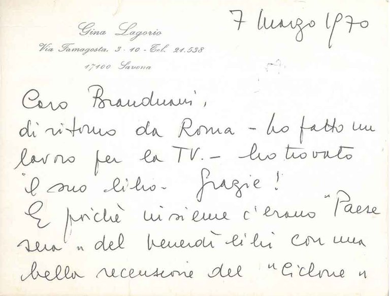 Cartoncino intestato della scrittrice datato 7 luglio